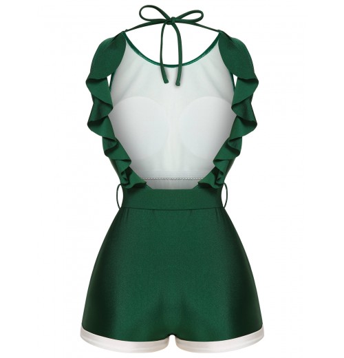 Green  Sleeveless Backless Halter Swimsuit