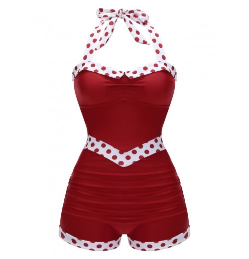 Red  Halter Patchwork One-piece Swimsuit