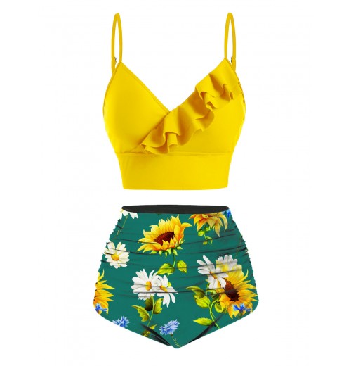 2PCS Yellow  Sunflower Ruffles V-Neck Swimsuit