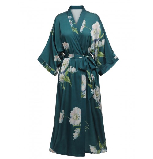 Dark Green  Floral Satin Robe