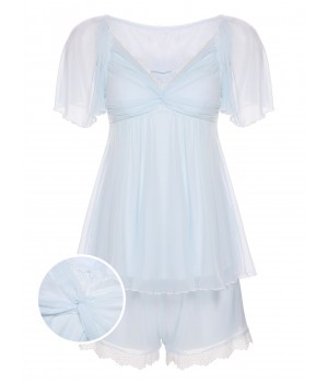 2PCS Light Blue  Knot Lace Sleepwear