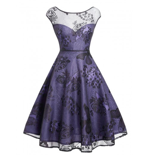 Purple  Mesh Floral Swing Dress